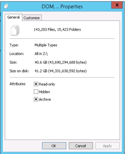共有フォルダ内に表示される正しいデータ サイズ