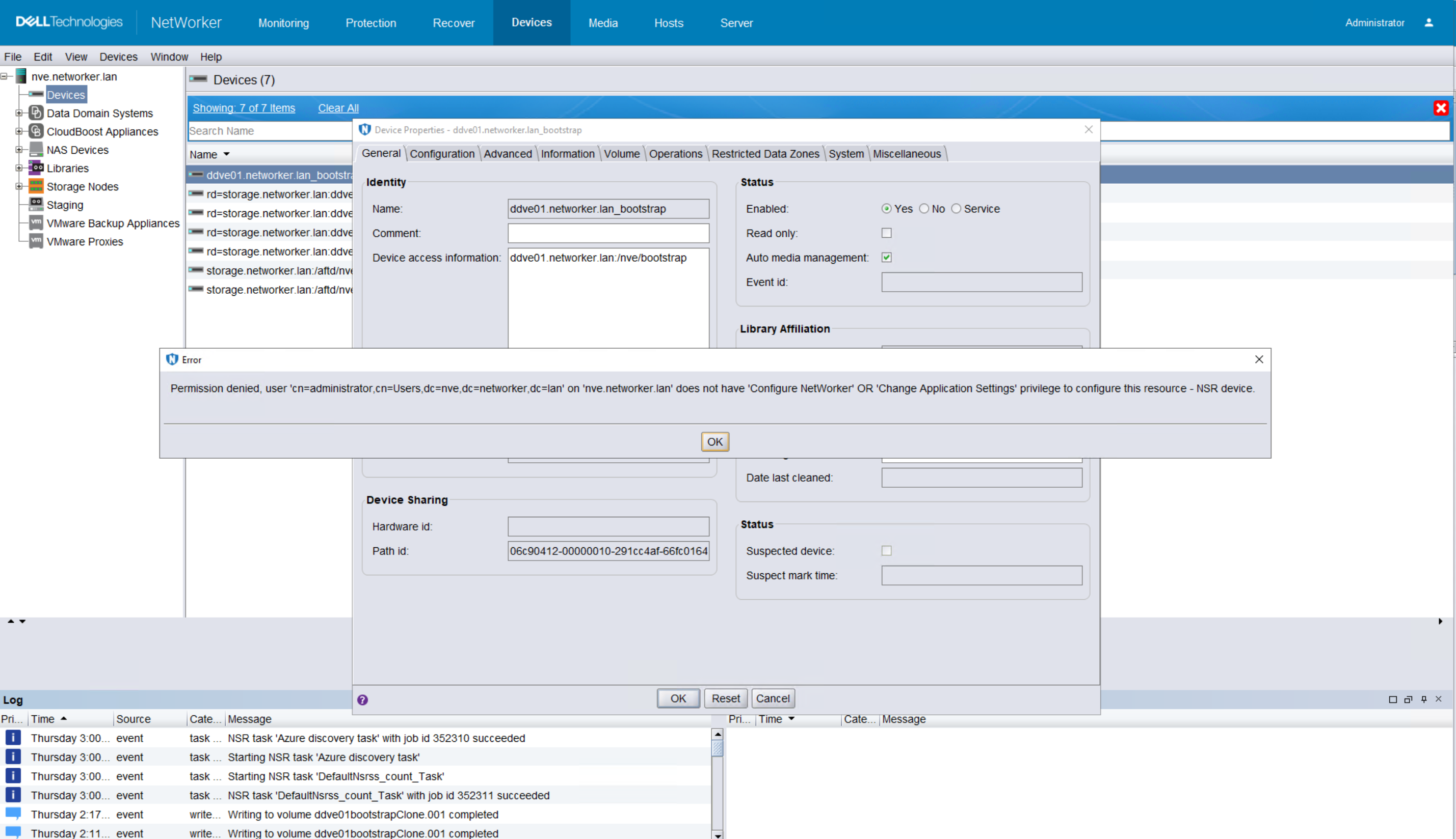 NetWorker Administrator recibe el error Permiso denegado cuando se modifican recursos