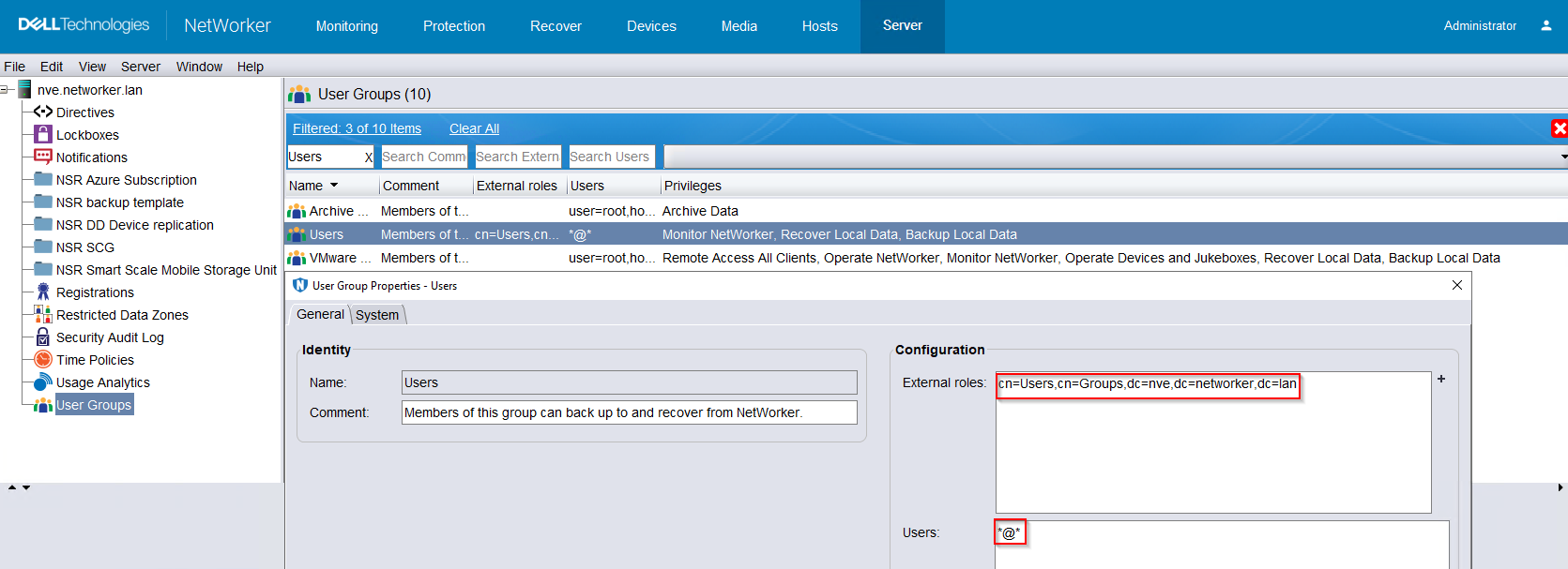 Le groupe Users contient le rôle externe des utilisateurs locaux ou *@* dans le champ users.