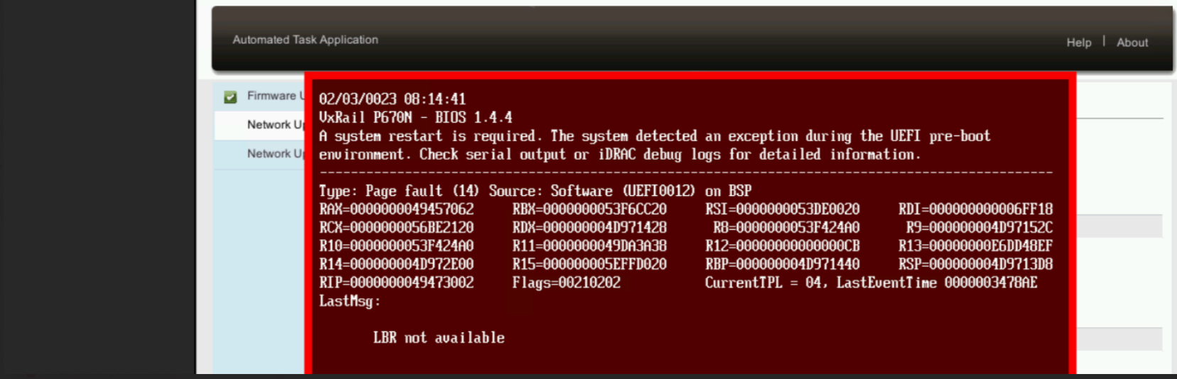 NVMeファームウェア パッケージを適用した後、死の赤い画面が表示される