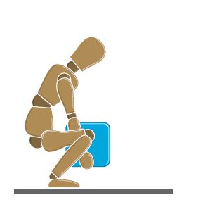 Figuur gehurkt met een rechte rug tijdens het optillen van een blauwe doos, het demonstreren van de juiste tiltechniek met behulp van benen