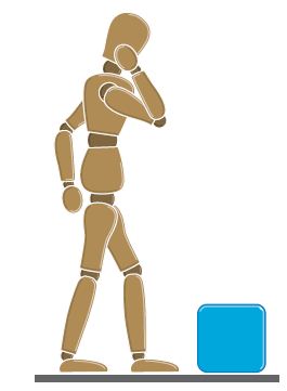 Figura de una persona que planea levantar una caja azul, que ilustra la importancia de evaluar el peso antes de levantarlo