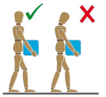 Dos figuras que llevan una caja: la izquierda muestra la postura correcta, la derecha muestra una postura incorrecta con la cabeza inclinada
