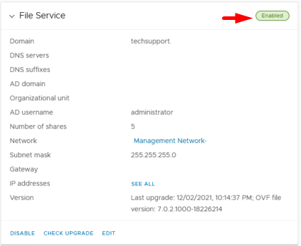 Schermata che mostra il servizio file abilitato