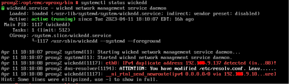 Результаты команды wickedd, показывающие дублирующийся IP-адрес