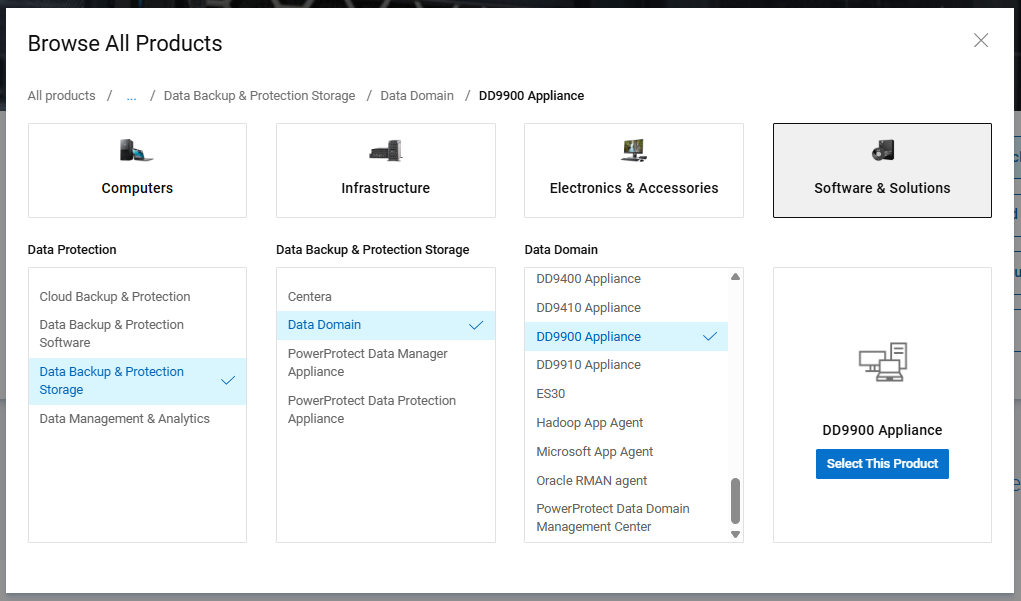 Screenshot of the Dell Support site 'Browse All Products' menu. DD9900 is selected.