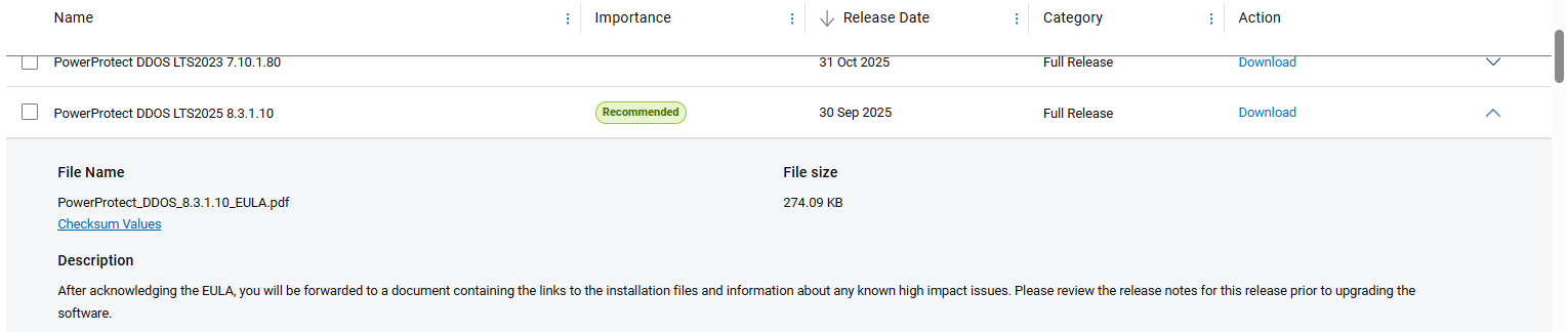Screenshot of the Data Domain DD9900 downloads list. DDOS 8.3.1.10 is selected.