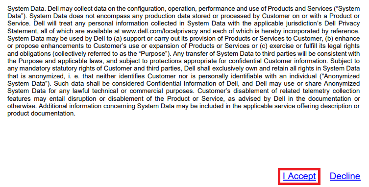 Screenshot of the end of a DD OS EULA document. There is a red box drawn around the 'I Accept' button.