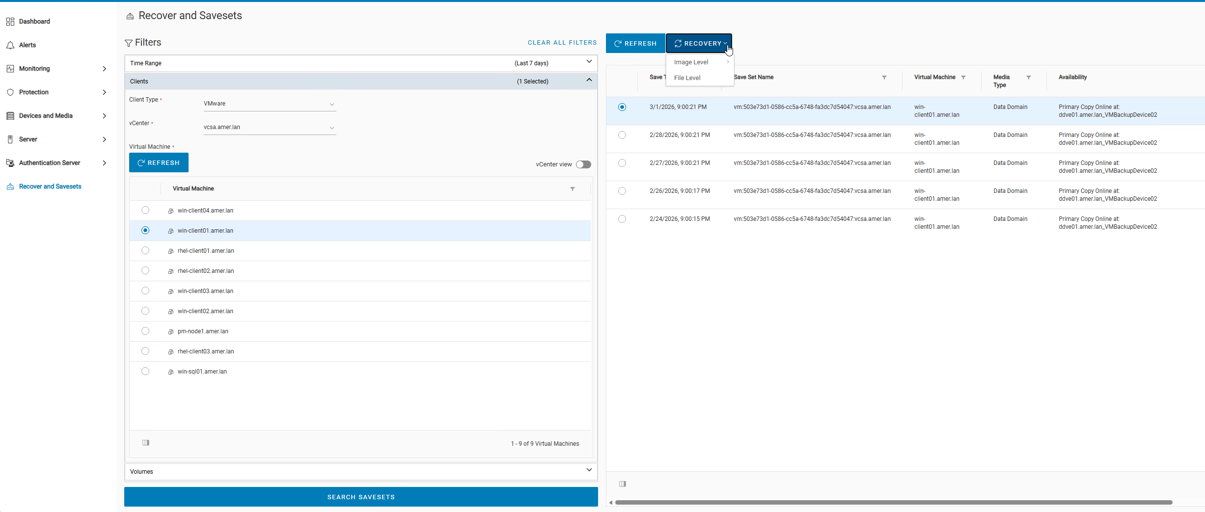 从 NWUI 中选择虚拟机备份