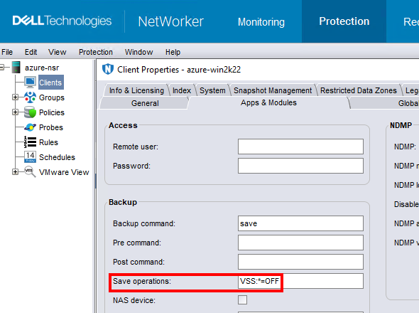 Windows-klient med VSS deaktiveret