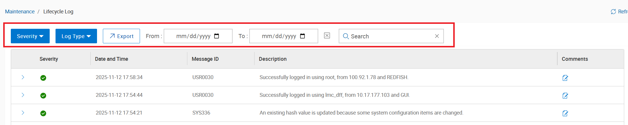 Búsqueda/filtro del registro de Lifecycle