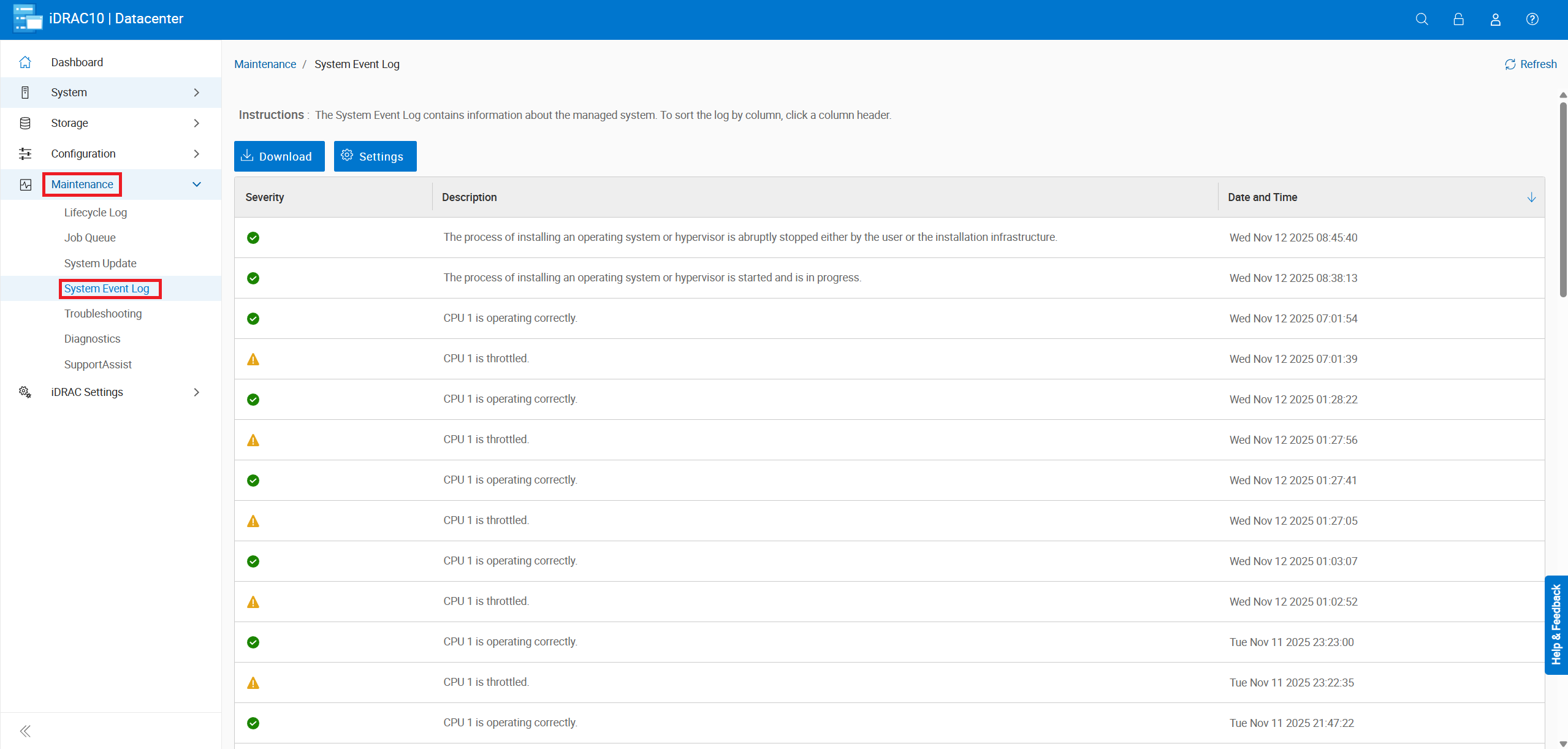 Вигляд журналу подій системи