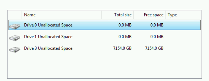 Příklad systému Windows zobrazující velikost disku 0,0 MB