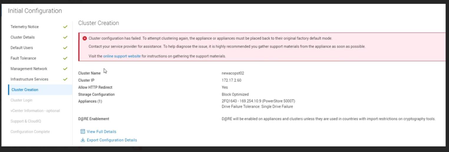 Capture d’écran du message d’échec de la création du cluster