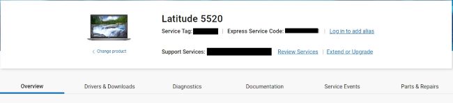 Exemple de la page de support produits Dell actuelle après identification de votre produit