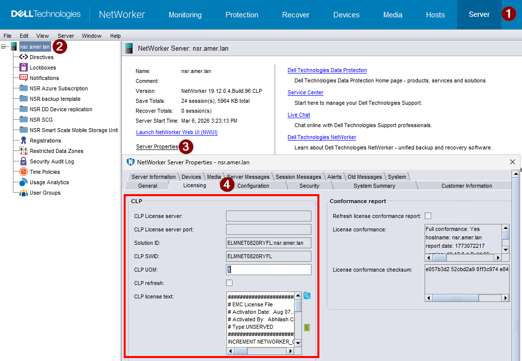 Esimerkki NetWorker-palvelimen lisensointivälilehdestä