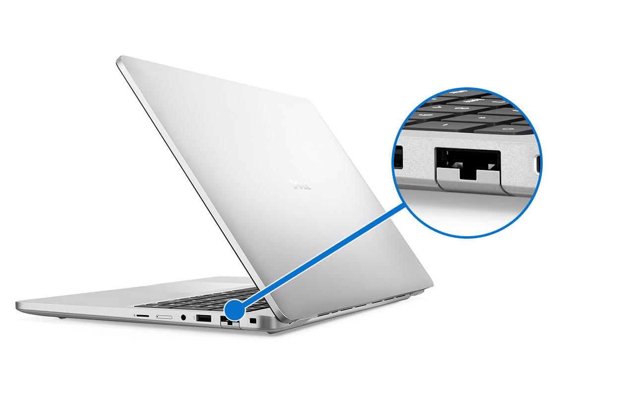 Zijaanzicht van een laptop met meerdere connectiviteitspoorten, met een close-up van de Ethernet RJ-45-poort met een beschermende flap