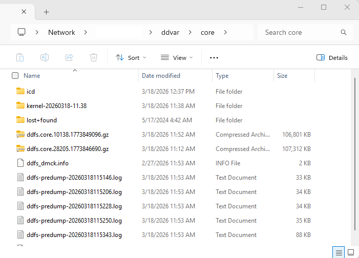 A screenshot of a Data Domain's /ddvar/core folder open in Windows Explorer