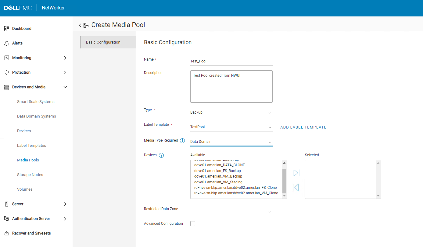 NWUI options for creating a Pool.