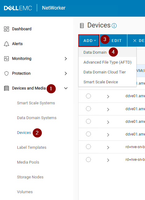 Steps for creating a new Data Domain device in NWUI.