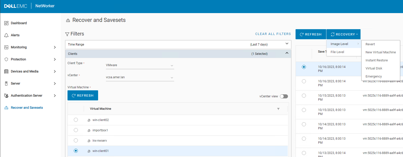 VM restore options available in NWUI.