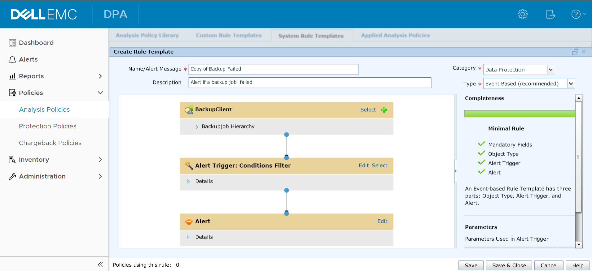 A screenshot of the DPA Create Rule Template dialog box