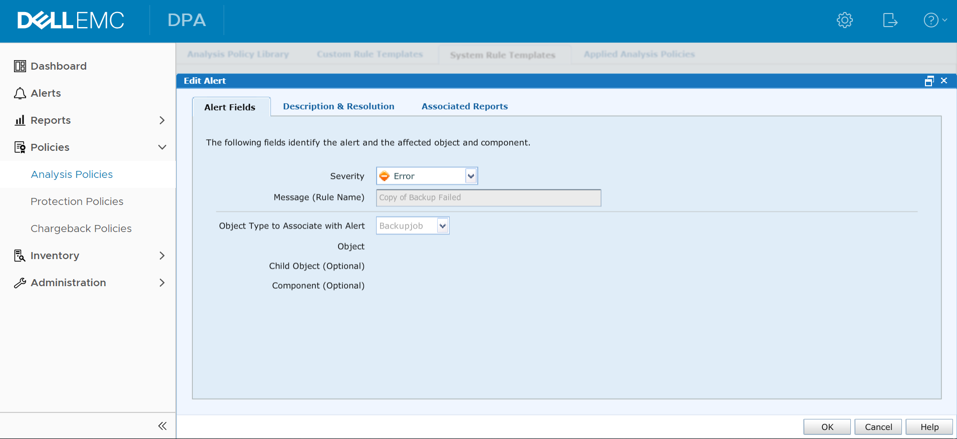 Screenshot of the DPA Edit Alert dialog box