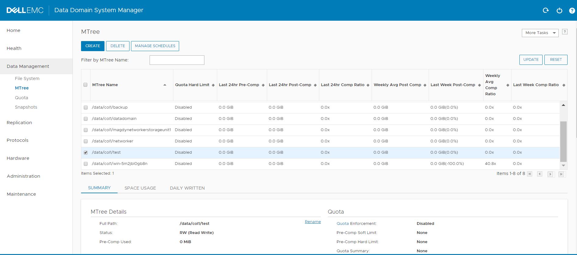 A screenshot of the Data Domain Data Management MTree page
