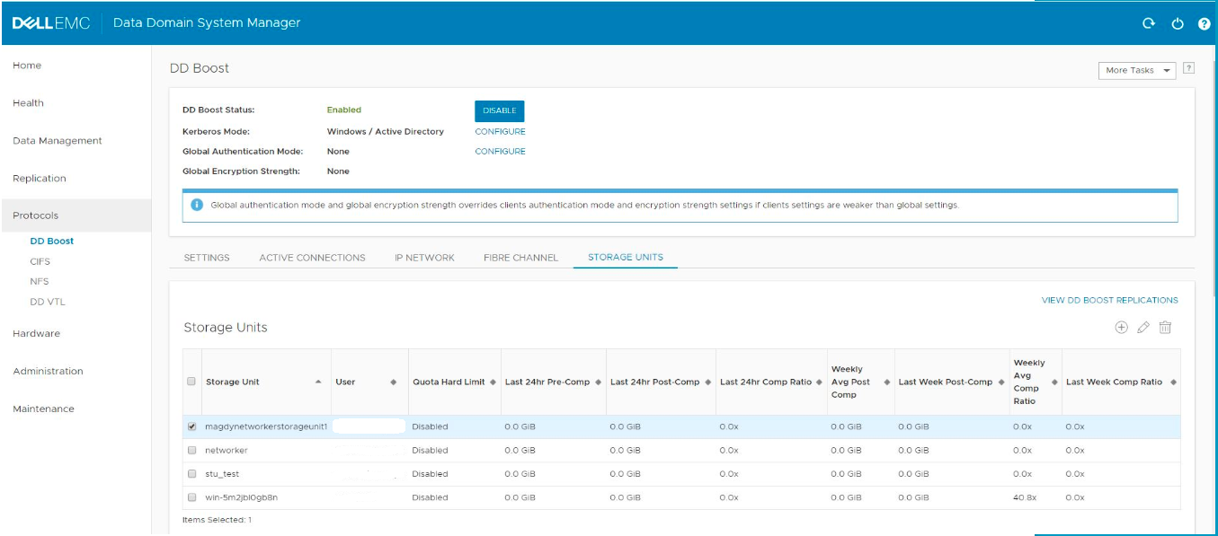 A screenshot of the Data Domain DD Boost Storage Unit page