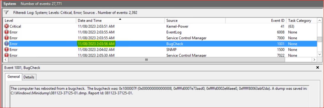 Olay görüntüleyicisinde BugCheck olayı