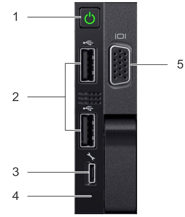 Imagen del panel frontal de un DD3300. Sus componentes están etiquetados del 1 al 5.