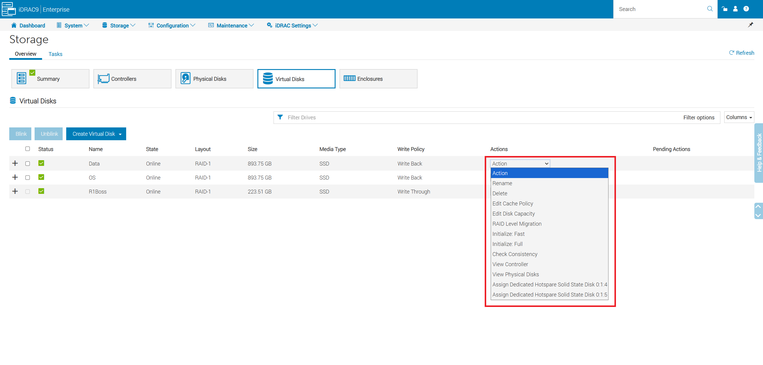 Actions de disque virtuel