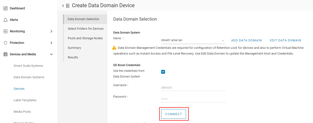 Test av anslutning till Data Domain-enhet.