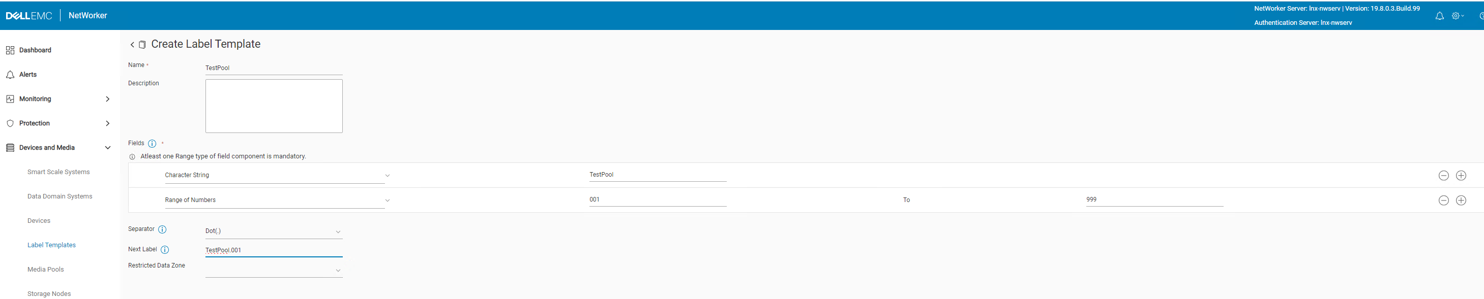 Opções de configuração de rótulo de modelo no NWUI.
