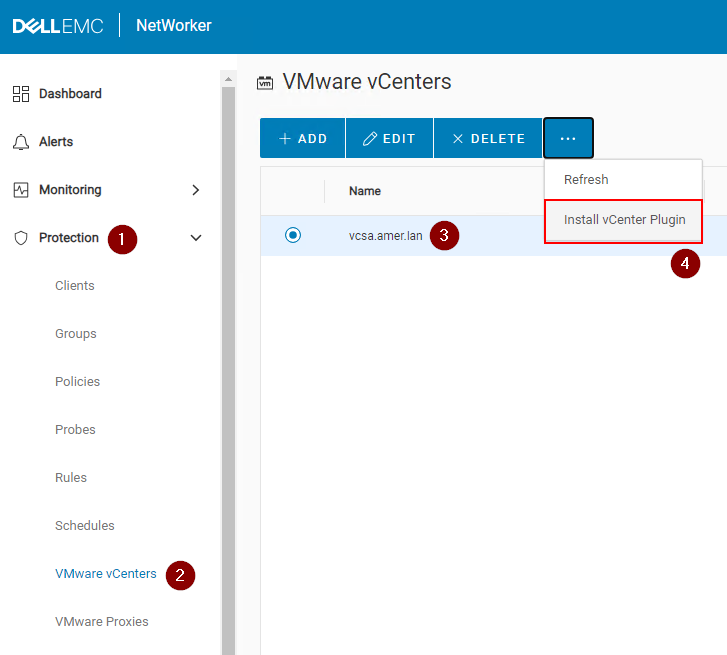 Установка подключаемого модуля VMware vSphere NetWorker из NWUI.