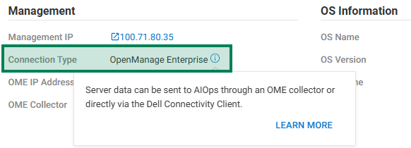 Écran d’inventaire des serveurs Apex AIOps affichant le type de connectivité OME