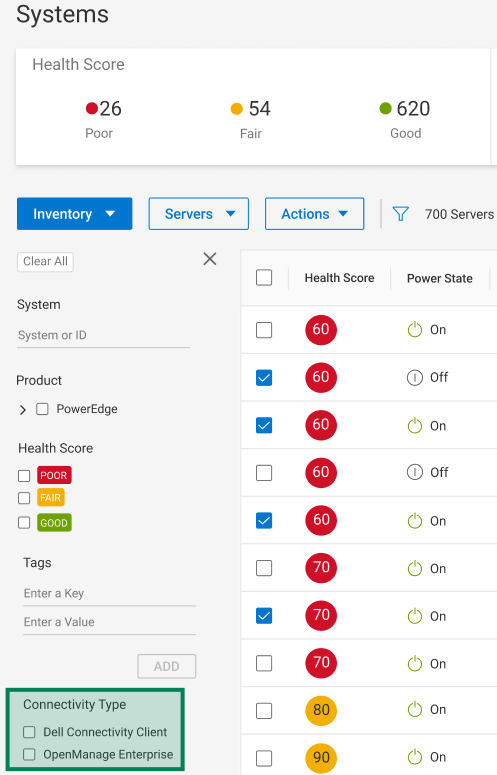Apex AIOps-systeemscherm met type connectiviteitsfilter