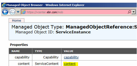 vCenter MOB ServiceContent-länk