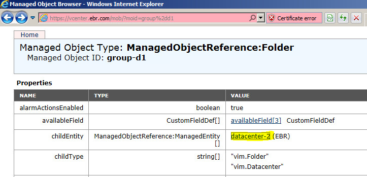 vCenter MOB-datacenterentitet
