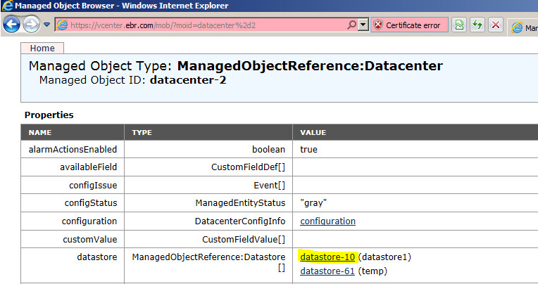 Entità datastore vCenter MOB
