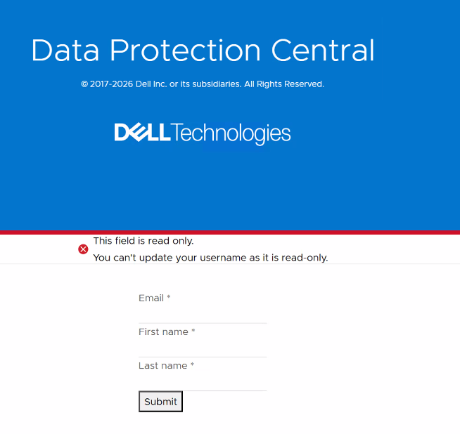 DPC UI log in failure with the error message "This field is read only. You can't update your username as it is read-only."