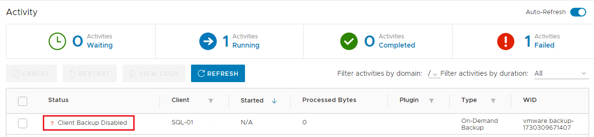 AUI showing that the backup failed with "Client Backup Disabled" status.