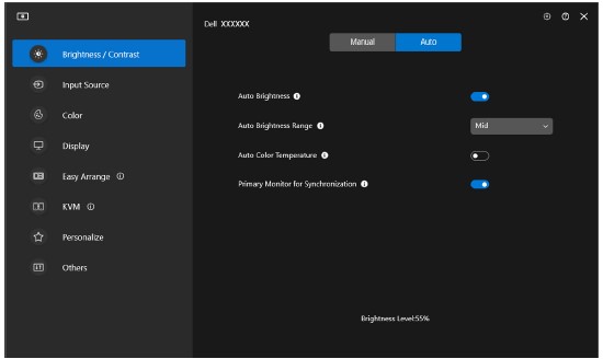 Režim Auto pro jas a&nbsp;kontrast v&nbsp;nástroji Dell Display and Peripheral Manager