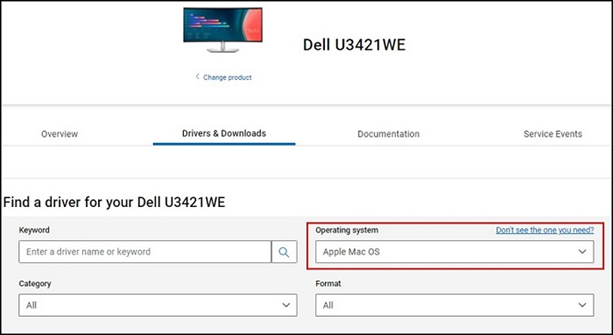 DellサポートWebサイト(Dell.com/support/drivers)でドロップダウンから［Apple Mac OS］を選択