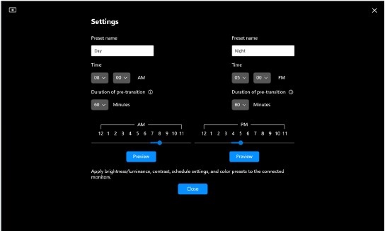 Dell Display och Peripheral Manager Schemalägga tid för inställningar för ljusstyrka eller kontrast i schemaläge
