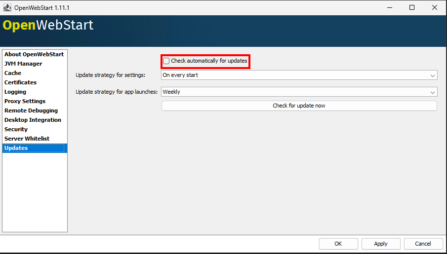 Deshabilitar las actualizaciones automáticas de OpenWebStart