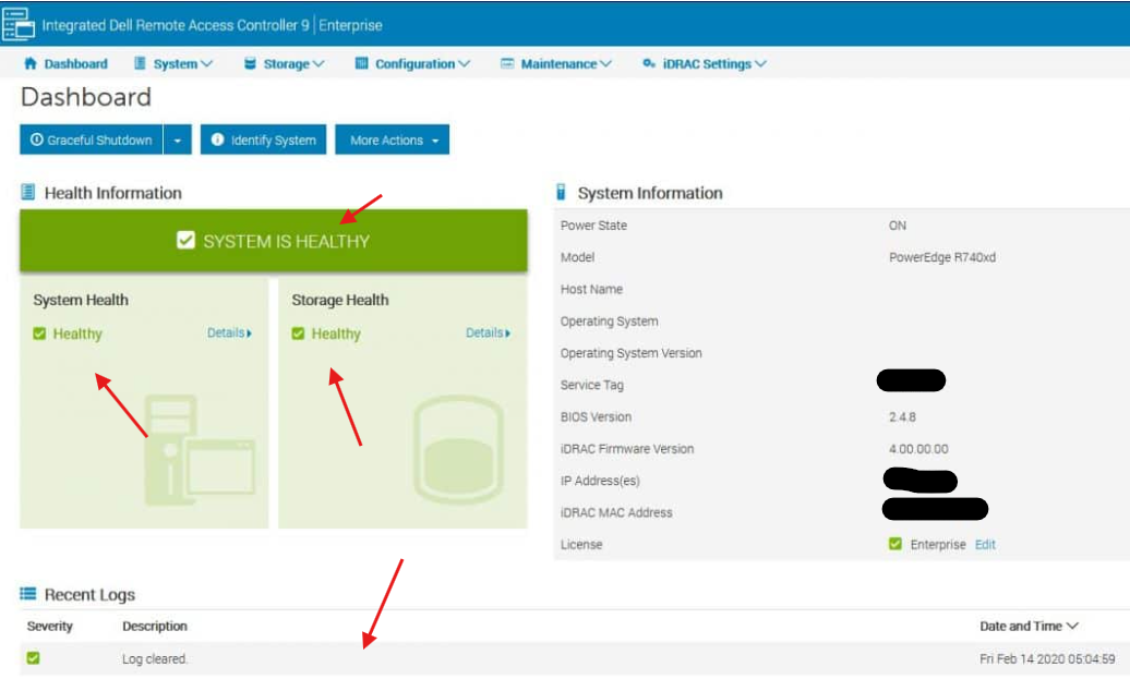 Interfaccia utente di iDRAC che mostra il dashboard per una panoramica iniziale