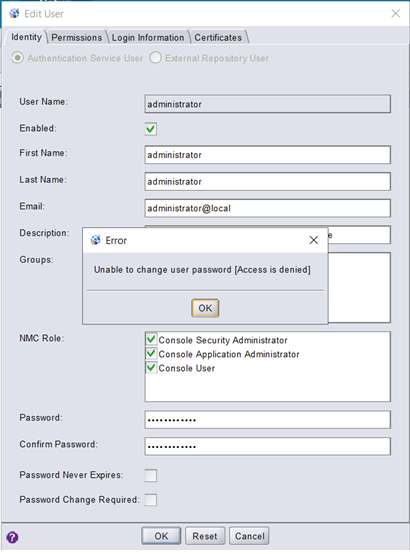 Adgang nægtet vises, når du forsøger at ændre adgangskode