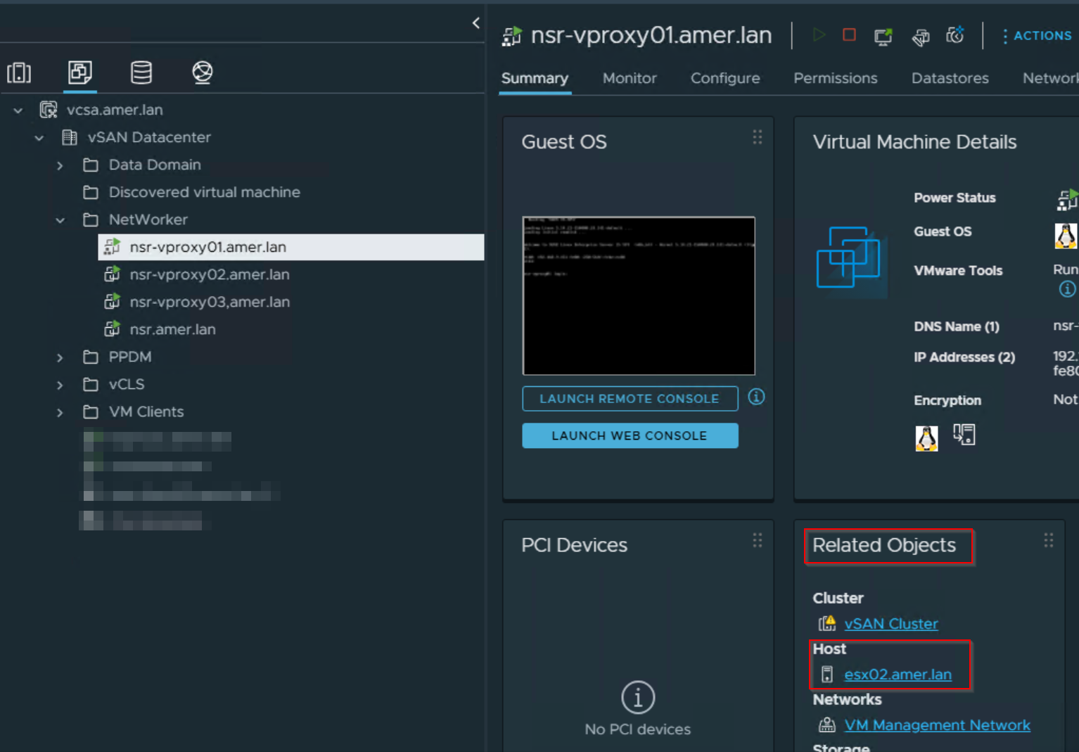 显示 ESXi 主机的 vSphere related objects 选项卡