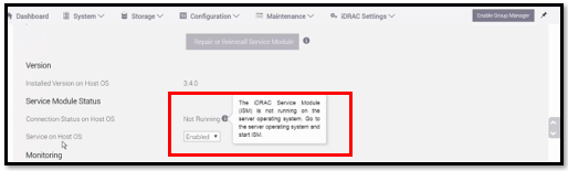 IDRAC UI showing Service Module Status